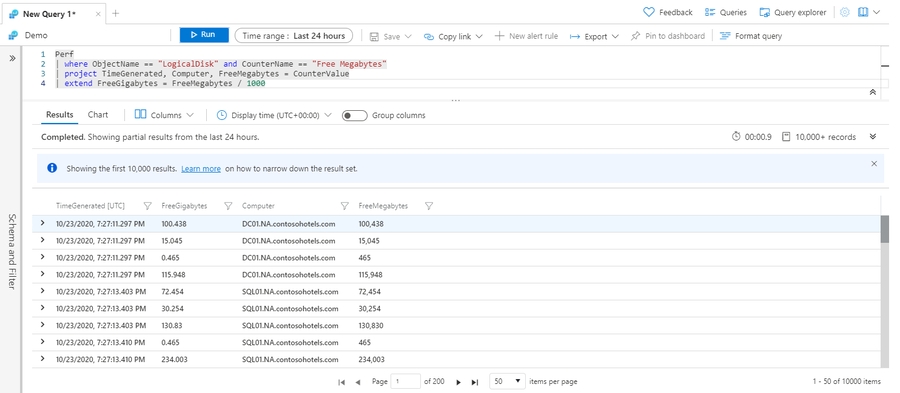 Screenshot that shows the results of the extend operator example.