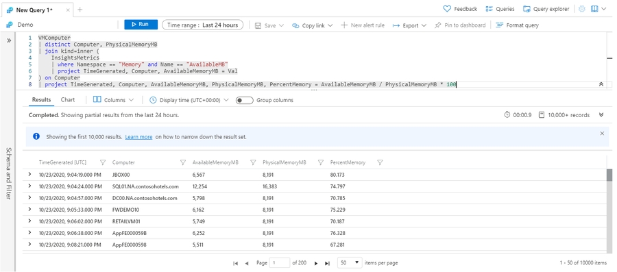 Screenshot that shows the results of the join operator example.