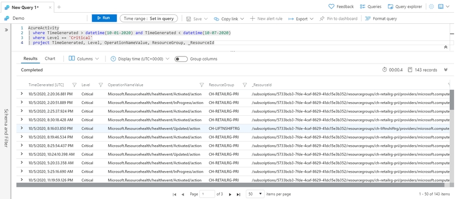 Screenshot that shows the results of the project operator example.