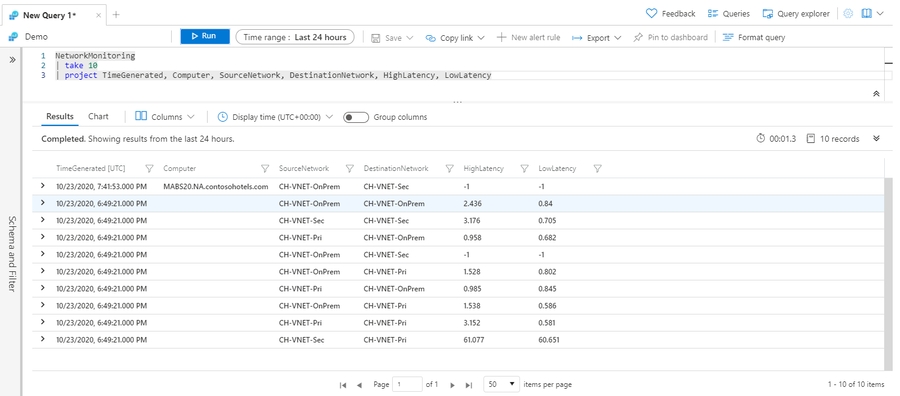 Screenshot that shows the results of the take operator example.