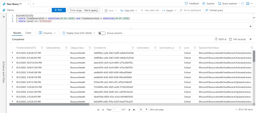 Screenshot that shows the results of the where operator example.